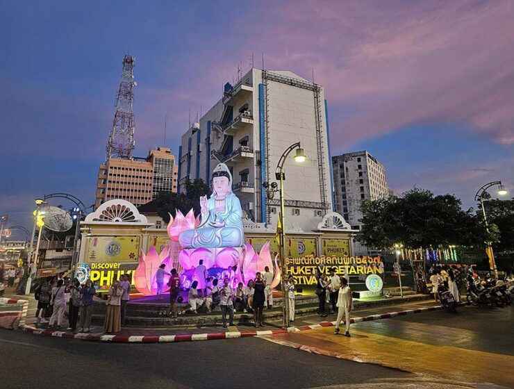 Phuket Vegetarian Festival 2024, an inflated goddess sitting on a lotus, decoration, during sunset; photo by Ivan Kralj.