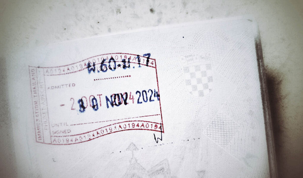 Thailand immigration stamp in Croatian passport showing the entrance to the country on 20th of October 2024, and validity of visa exemption until 30th of November 2024 - the sobering proof for travel blogger Ivan Kralj who bought his flight out of Thailand on 2nd of December, believing he is respecting the 60 day stay limit, thus calling for visa overstay in Thailand; photo by Ivan Kralj.