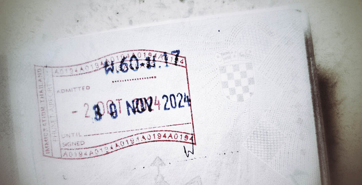 Thailand immigration stamp in Croatian passport showing the entrance to the country on 20th of October 2024, and validity of visa exemption until 30th of November 2024 - the sobering proof for travel blogger Ivan Kralj who bought his flight out of Thailand on 2nd of December, believing he is respecting the 60 day stay limit, thus calling for visa overstay in Thailand; photo by Ivan Kralj.