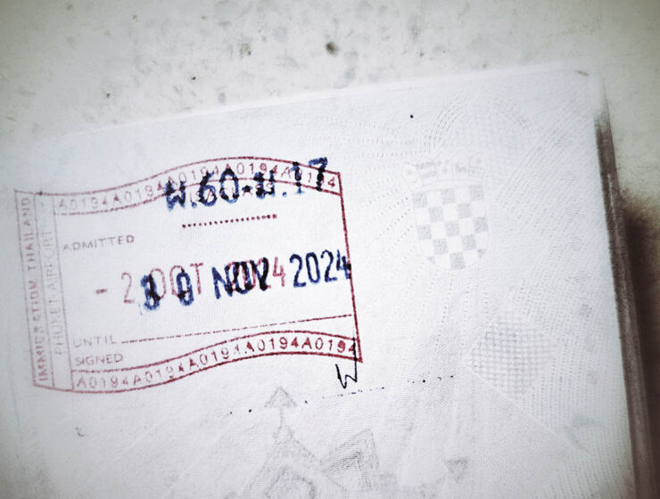 Thailand immigration stamp in Croatian passport showing the entrance to the country on 20th of October 2024, and validity of visa exemption until 30th of November 2024 - the sobering proof for travel blogger Ivan Kralj who bought his flight out of Thailand on 2nd of December, believing he is respecting the 60 day stay limit, thus calling for visa overstay in Thailand; photo by Ivan Kralj.