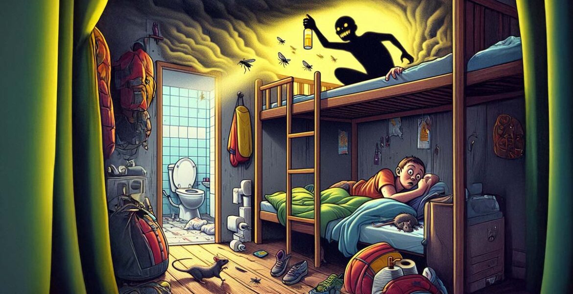 Anything can happen in hostel dormitories - from sneaking rats and clogged toilets to strangely behaving roommates; AI cartoon-style illustration by Ivan Kralj - Dall-e/Adobe.