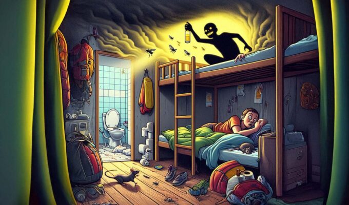 Anything can happen in hostel dormitories - from sneaking rats and clogged toilets to strangely behaving roommates; AI cartoon-style illustration by Ivan Kralj - Dall-e/Adobe.