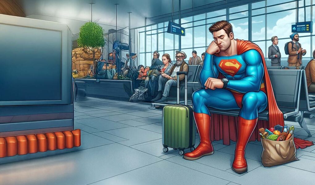 Superman sitting at the gate of the airport, looking at his watch, concerned, illustration for flight delays or cancellations; AI image by Ivan Kralj via Dall-e / Adobe.