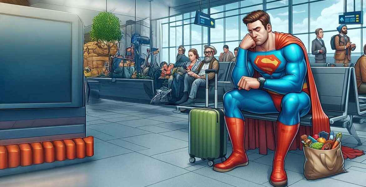 Superman sitting at the gate of the airport, looking at his watch, concerned, illustration for flight delays or cancellations; AI image by Ivan Kralj via Dall-e / Adobe.