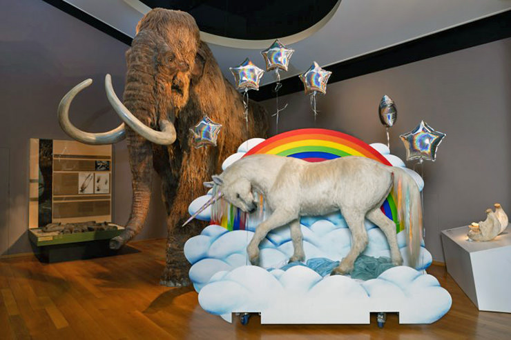 Unicorn displayed next to the mammoth in the Natural History Museum in Basel, on the occasion of the Eurovision Song Contest; credit Natural History Museum.