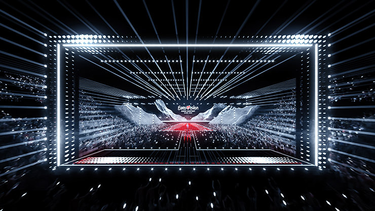 Frontal view of the ESC 2025 Basel stage design; copyright SRGSSR.
