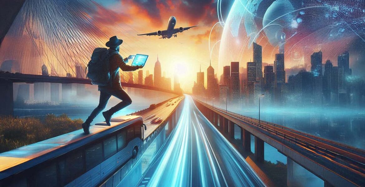 Technology reinventing travel, an AI image showing a backpacker flying through a fantastic space blending digital and real traveling; AI image by Ivan Kralj - Dall-e/Adobe.