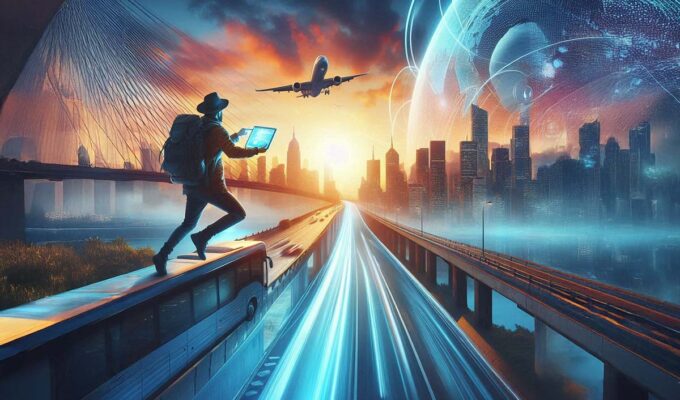 Technology reinventing travel, an AI image showing a backpacker flying through a fantastic space blending digital and real traveling; AI image by Ivan Kralj - Dall-e/Adobe.