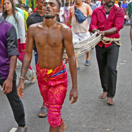 Hindu devotee with tongue and cheeks pierced with little spears (alavu kavadi) pulling vette mulle kavadi (hooks with attached ropes in the skin of his back) in honor of Lord Murugan, during Thaipusam Festival in Penang, Malaysia; photo by Ivan Kralj.