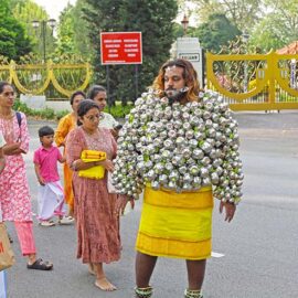 Hindu devotee carrying koodam mulle kavadi - milk pots pierced on his torso, and with cheeks pierced with little spears (alavu kavadi) in honor of Lord Murugan, during Thaipusam Festival in Penang, Malaysia; photo by Ivan Kralj.