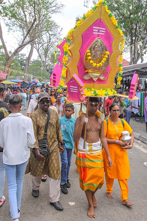 A young man carrying a mayil kavadi during Thaipusam in Penang, Malaysia; photo by Ivan Kralj.