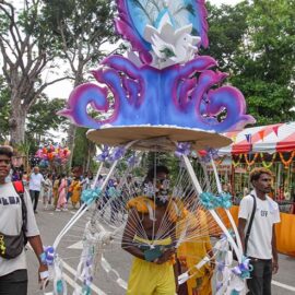 Hindu devotee carrying a mayil kavadi during Thaipusam in Penang, Malaysia; photo by Ivan Kralj.