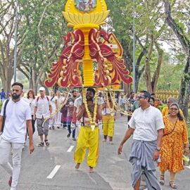Hindu devotee carrying a mayil kavadi during Thaipusam in Penang, Malaysia; photo by Ivan Kralj.