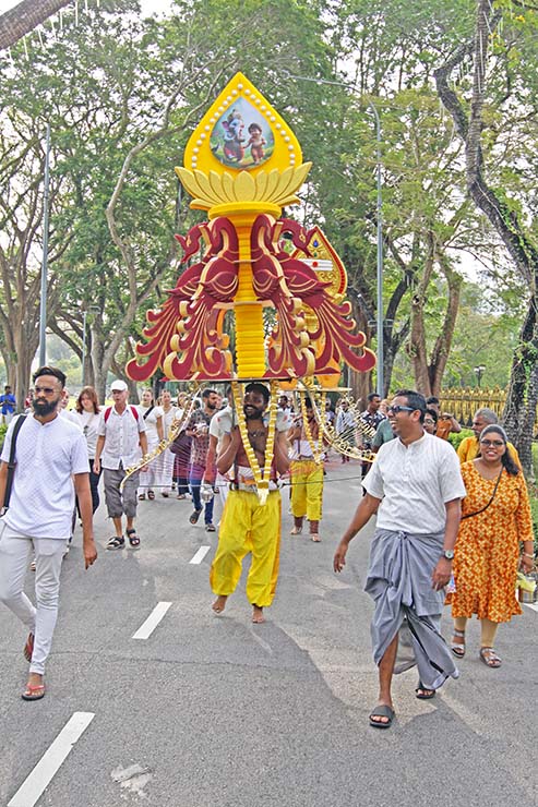 Hindu devotee carrying a mayil kavadi during Thaipusam in Penang, Malaysia; photo by Ivan Kralj.