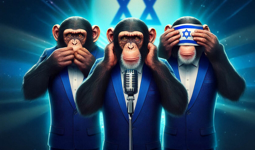Proverbial three wise monkeys covering their mouth, ears, and eyes (the last one with an Israeli flag), while dressed in blue suits, and standing in front of a microphone; a commentary on EBU ignoring Eurovision Israel boycott calls - AI image by Ivan Kralj - Dall-e/Adobe.