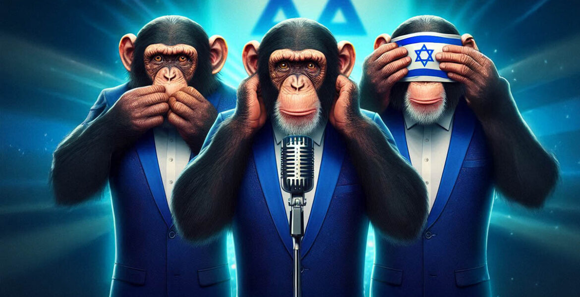 Proverbial three wise monkeys covering their mouth, ears, and eyes (the last one with an Israeli flag), while dressed in blue suits, and standing in front of a microphone; a commentary on EBU ignoring Eurovision Israel boycott calls - AI image by Ivan Kralj - Dall-e/Adobe.