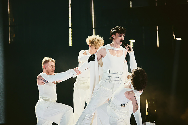 Adonx, a Slovakian singer performing "Kiss Kiss Goodbye" with his dancers at the Eurovision Song Contest in Basel, Switzerland; photo by Alma Bengtsson / EBU.