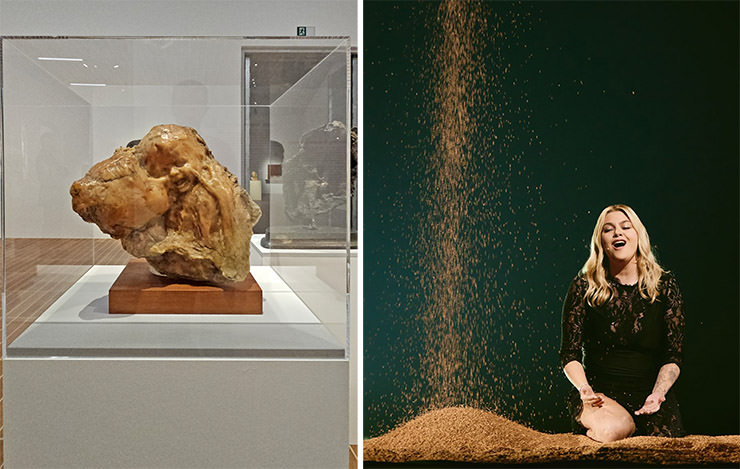 Diptych of "Aetas Aurea" wax sculpture by Medardo Rosso and Alma Bengtsson / EBU's photograph of Louane performing her song "Maman” for France at Eurovision in Basel, Switzerland; Eurovision acts matched up with Kunstmuseum Basel artworks.
