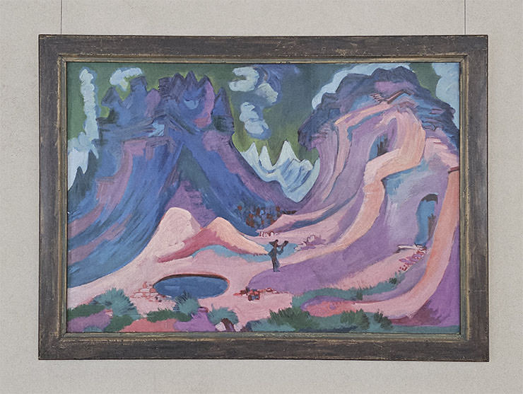 "Amselfluh", painting by Ernst Ludwig Kirchner, showing a mountainous landscape in vibrant colors with a central human figure blowing into a horn; artwork displayed at Kunstmusem Basel, Switzerland; photo by Ivan Kralj.