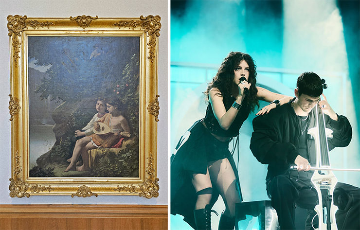 Diptych of "Children Making Music Overheard by a Nymph" painting by Anselm Feuerbach, and Alma Bengtsson/EBU's photograph of Abor & Tynna performing their song "Baller” for Germany at Eurovision in Basel, Switzerland; Eurovision acts matched up with Kunstmuseum Basel artworks.