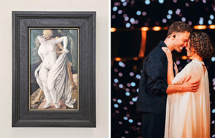 Diptych of "Death and the Woman" painting by Hans Baldung Gen. Grien. and Alma Bengtsson / EBU's photograph of Klemen Slakonja hugging his wife Mojca Fatur at the end of the performance of the song "How Much Time Do We Have Left” for Slovenia at Eurovision in Basel, Switzerland; Eurovision acts matched up with Kunstmuseum Basel artworks.