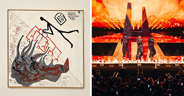 Diptych of A.R. Penck's painting "Fire” and Sarah Louise Bennett/EBU's photograph of Kyle Alessandro performing his song “Lighter” for Norway at Eurovision in Basel, Switzerland; Eurovision acts matched up with Kunstmuseum Basel artworks.