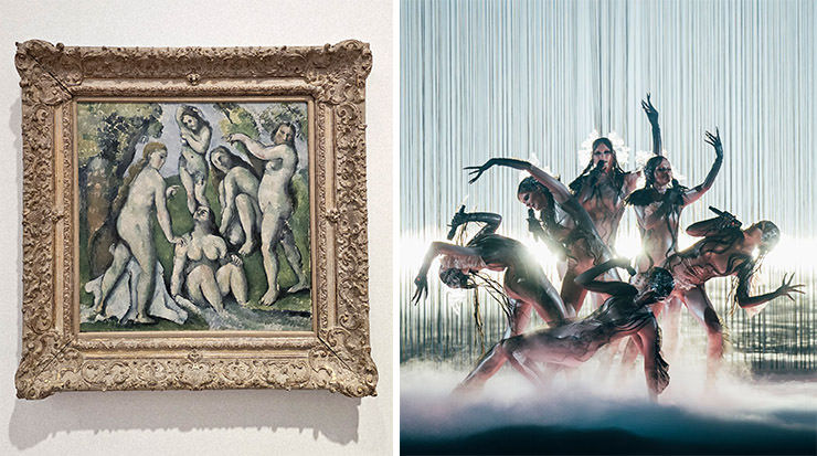 Diptych of Paul Cezanne's painting “Five Bathers” and Sarah Louise Bennett / EBU's photograph of Tautumeitas, Latvian female group performing "Bur Man Laimi" at Eurovision in Basel, Switzerland; Eurovision acts matched up with Kunstmuseum Basel artworks.