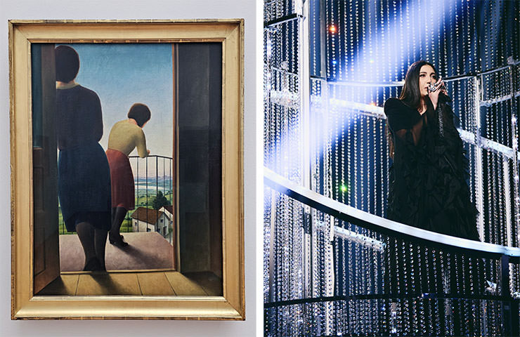 Diptych of Georg Schrimpf's painting "Girl on the Balcony" and Alma Bengtsson / EBU's photograph of Yuval Raphael performing “New Day Will Rise” at Eurovision in Basel, Switzerland; Eurovision acts matched up with Kunstmuseum Basel artworks.