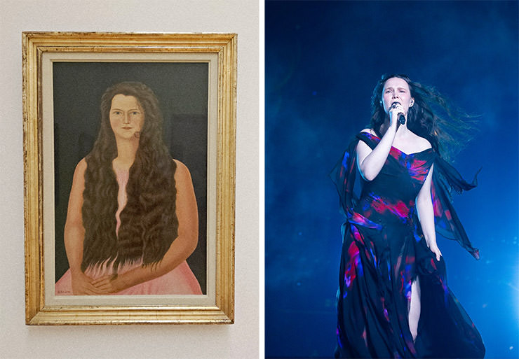 Diptych of Adolf Dietrich's painting "Girl With Long Hair" and Corinne Cumming / EBU's photograph of Zoë Më performing “Voyage” at Eurovision in Basel, Switzerland; Eurovision acts matched up with Kunstmuseum Basel artworks.