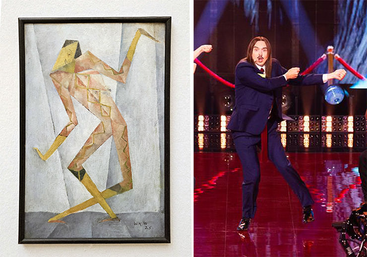 Diptych of Walter Kurt Wiemken's painting "Harlequin" and Corinne Cumming / EBU's photograph of Tommy Cash performing “Espresso Macchiato” at Eurovision in Basel, Switzerland; Eurovision acts matched up with Kunstmuseum Basel artworks.