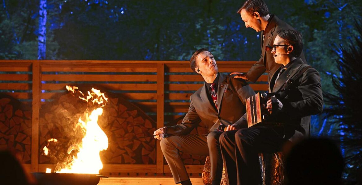 Finnish group KAJ representing Sweden with "Bara Bada Bastu", a song about sauna, at Eurovision in Basel, Switzerland; photo by Stina Stjernkvist / SVT.