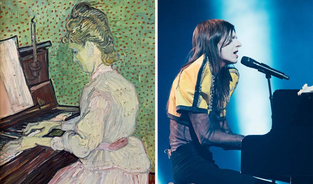 Diptych of Van Gogh's painting "Marguerite Gachet at the Piano" and Sarah Louise Bennett / EBU's photograph of Lucio Corsi performing “Volevo essere un duro” on the piano at Eurovision in Basel, Switzerland; Eurovision acts matched up with Kunstmuseum Basel artworks.