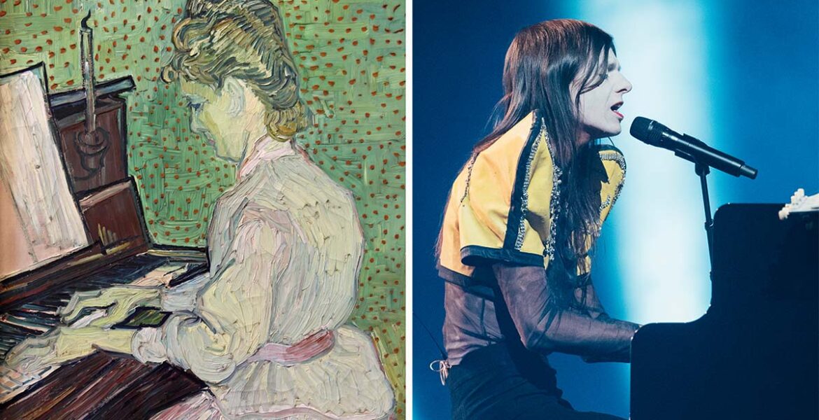 Diptych of Van Gogh's painting "Marguerite Gachet at the Piano" and Sarah Louise Bennett / EBU's photograph of Lucio Corsi performing “Volevo essere un duro” on the piano at Eurovision in Basel, Switzerland; Eurovision acts matched up with Kunstmuseum Basel artworks.