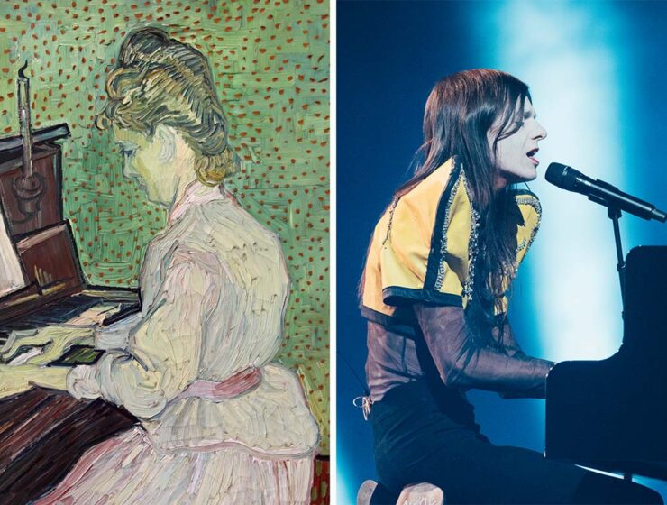 Diptych of Van Gogh's painting "Marguerite Gachet at the Piano" and Sarah Louise Bennett / EBU's photograph of Lucio Corsi performing “Volevo essere un duro” on the piano at Eurovision in Basel, Switzerland; Eurovision acts matched up with Kunstmuseum Basel artworks.