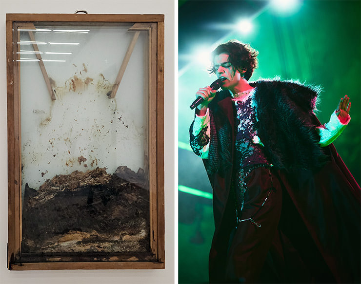 Diptych of "Large Mold Picture" by Dieter Roth, and Alma Bengtsson/EBU's photograph of Marko Bošnjak performing his song "Poison Cake” for Croatia at Eurovision in Basel, Switzerland; Eurovision acts matched up with Kunstmuseum Basel artworks.