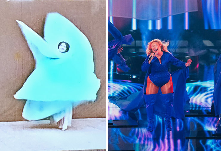 Diptych of a screenshot of Loïe Fuller dancing in "color-changing" robes for “Film Lumière n˚765, 1 – Danse serpentine, II” and Sarah Louise Bennett/EBU's photograph of Sissal performing “Hallucination” for Denmark at Eurovision in Basel, Switzerland; Eurovision acts matched up with Kunstmuseum Basel artworks.