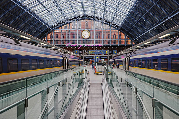 Train platform at London St. Pancras Station; photo by Frederic Koberl / Unsplash.