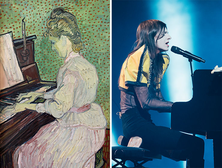 Diptych of Van Gogh's painting "Marguerite Gachet at the Piano" and Sarah Louise Bennett / EBU's photograph of Lucio Corsi performing “Volevo essere un duro” on the piano at Eurovision in Basel, Switzerland; Eurovision acts matched up with Kunstmuseum Basel artworks.