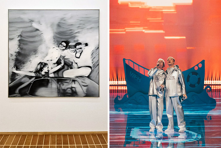 Diptych of Gerhard Richter's painting "Motorboat” and Sarah Louise Bennett/EBU's photograph of VÆB performing their song “RÓA” for Iceland at Eurovision in Basel, Switzerland; Eurovision acts matched up with Kunstmuseum Basel artworks.