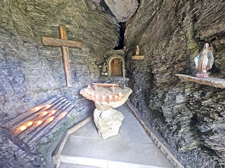 The interior of the Notre Dame du Torrent Neuf Chapel, carved directly into a rock of the Prabé Mountain in Saviese, Switzerland; photo by Ivan Kralj.