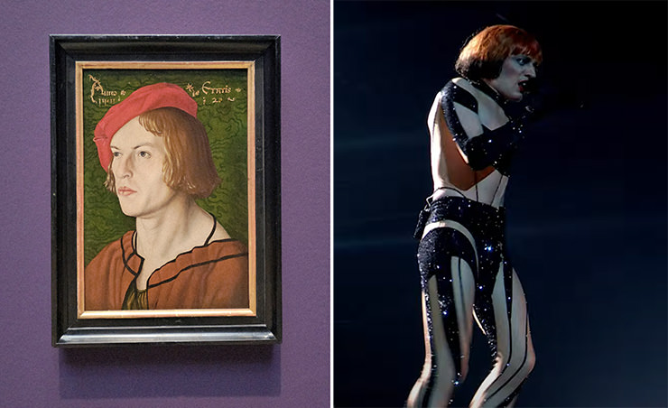 Diptych of Upper Rhine master's “Portrait of Jakob Meyer zum Pheil of Basel” and a screenshot of Nemo performing "Unexplainable" on Eurovision in Basel, Switzerland; Eurovision acts matched up with Kunstmuseum Basel artworks.