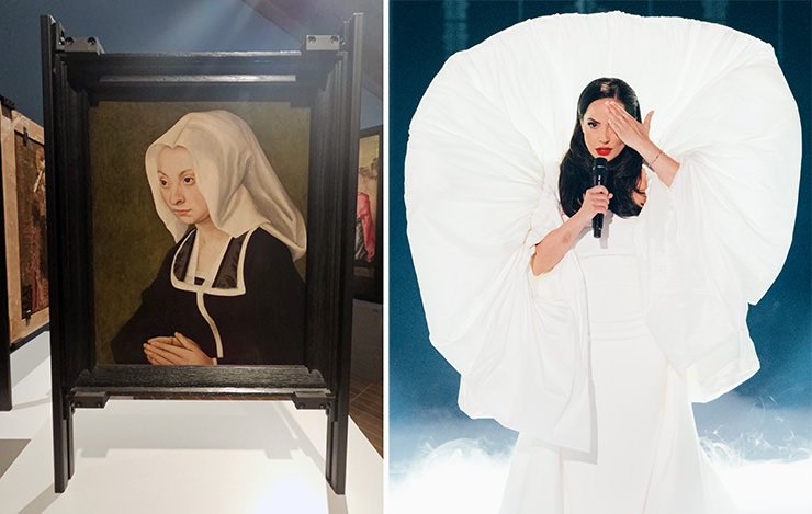 Diptych of Lucas Cranach the Elder's portrait of Saint Catherine and Sarah Louise Bennett/EBU's photograph of Nina Žižić performing “Dobrodošli” for Montenegro at Eurovision in Basel, Switzerland; Eurovision acts matched up with Kunstmuseum Basel artworks.