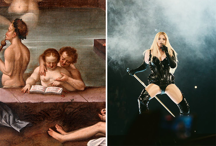 Diptych of "The Bath at Leuk" painting by Hans Bock (detail) and Erika Vikman performing “Ich Komme” for Finland at Eurovision in Basel, Switzerland; Eurovision acts matched up with Kunstmuseum Basel artworks.