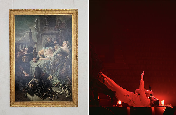 Diptych of "The Death of Pietro Aretino" painting by Anselm Feuerbach and Princ performing “Mila” for Serbia at Eurovision in Basel, Switzerland; Eurovision acts matched up with Kunstmuseum Basel artworks.