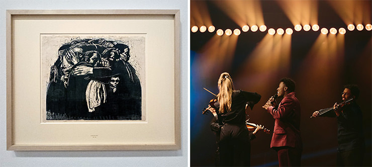 Diptych of "The Mothers" woodcut by Käthe Kollwitz and Alma Bengtsson/EBU's photograph of Claude performing his song "C'est la vie” for the Netherlands at Eurovision in Basel, Switzerland; Eurovision acts matched up with Kunstmuseum Basel artworks.