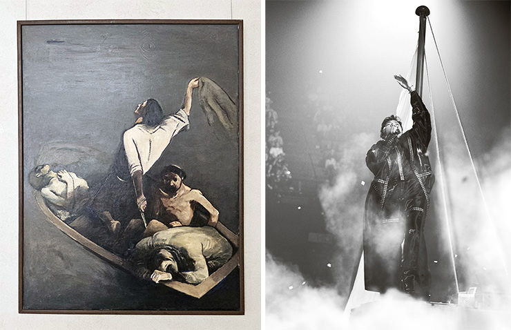 Diptych of Heinrich Altherr's painting "The Shipwrecked" and Corinne Cumming / EBU's photograph of JJ performing “Wasted Love” for Austria at Eurovision in Basel, Switzerland; Eurovision acts matched up with Kunstmuseum Basel artworks.