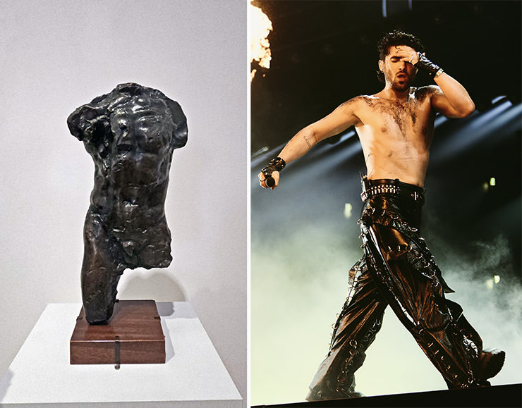 Diptych of "Torso of the Walking Man" sculpture by Auguste Rodin and Alma Bengtsson / EBU's photograph of PARG performing his song "Survivor” for Armenia at Eurovision in Basel, Switzerland; Eurovision acts matched up with Kunstmuseum Basel artworks.
