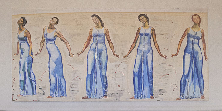 “View to Infinity”, monumental painting by Ferdinand Hodler, with five women dressed in blue robes, displayed at Kunstmuseum Basel in Switzerland; photo by Ivan Kralj.