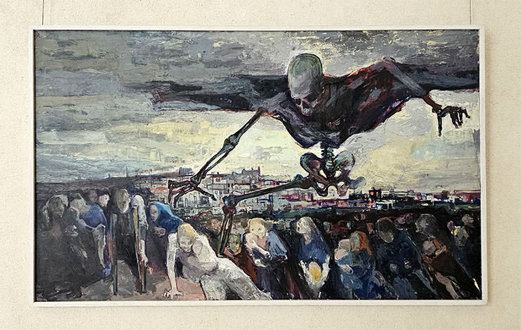 "War Picture" oil on canvas by Maly Blumer, showing a personification of Death flying like a skeleton over refugees; photo by Ivan Kralj.