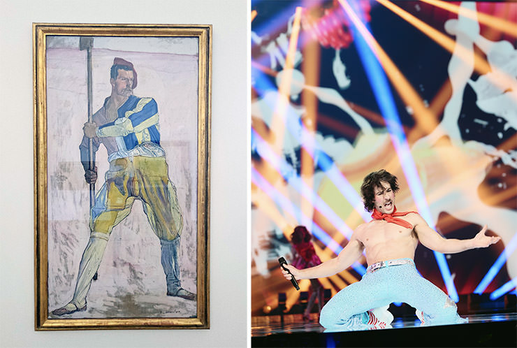 Diptych of Ferdinand Hodler's painting "Warrior With Halberd" and Alma Bengtsson / EBU's photograph of Go-Jo performing “Milkshake Man” for Australia at Eurovision in Basel, Switzerland; Eurovision acts matched up with Kunstmuseum Basel artworks.